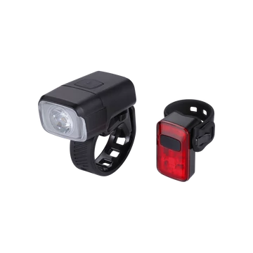 BBB Cycling kerékpáros lámpa szett BLS-164 NanoStrikeCombo, 400 és 10 lumen, 6 és 4 mód, micro USB tölthető 1000 és 300 mAh akku (első és hátsó), gumis felfogatással