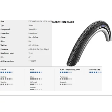 SCHWALBE KÜLSŐ 26x1,50(559-40) MARATHON RACER PERF HS429 RG SpC REF LS 465g {25/7}