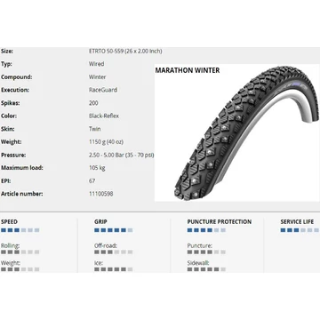 KÜLSŐ 26x2,00(559-50) MARATHON WINTER PLUS PERF HS396 SG WiC REF 1150g{25/7}