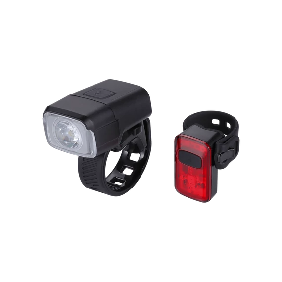 BBB Cycling kerékpáros lámpa szett BLS-164 NanoStrikeCombo, 400 és 10 lumen, 6 és 4 mód, micro USB tölthető 1000 és 300 mAh akku (első és hátsó), gumis felfogatással